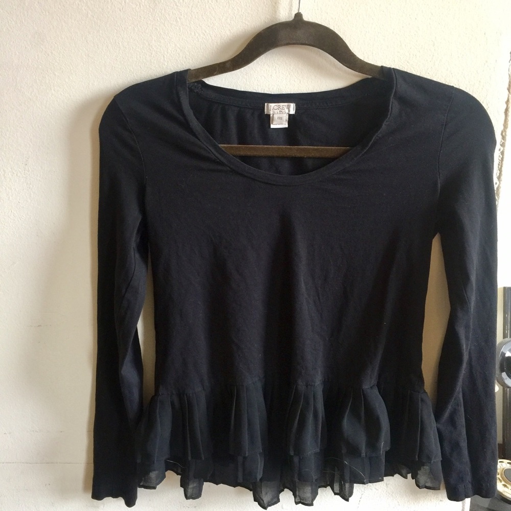 JCrew black long sleeve shirt with ruffled hem